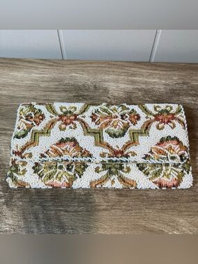 Vintage Beaded Envelope Clutch Purse Tapestry W/ White Seed Beads Coquette
